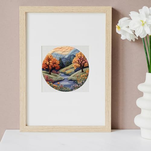 Image of FONNUY Embroidery Kit for Beginners, Boho Nature Landscape Pre-Stamped Pattern Kits for Adults with Hoop, Easy to Follow Color Thread Needlework, 8'' Hoop (Mountain Trail)