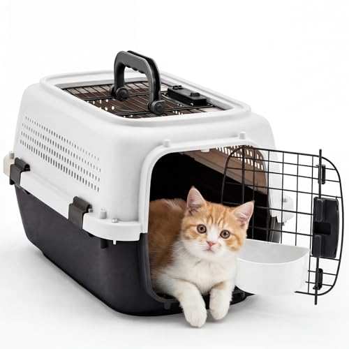 DUMOS 23' Hard-Sided Pet Carrier for Small Dogs & Cats, Airline Approved Travel Crate with Enhanced Security Latches, Front & Top Load Wire Door, Food Bowl for Traveling, Hiking, Camping, White&Black