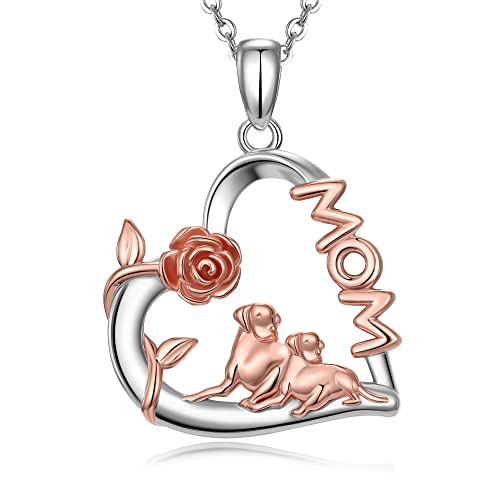 Chic & Artsy Dog Mom Necklace Rose Gold Plated 925 Sterling Silver Rose Flower Dog Mom Pendant Necklace Rose Flower And Dog Loving Heart Necklace Dog Mom Daughter Necklace 18" #TOP22