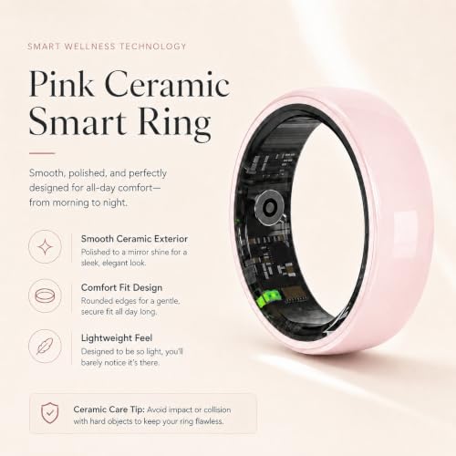 Image of Ceramic Pink Smart Ring for Women & Men, Health Tracker, Pink 7 | 5ATM Waterproof, Heart Rate, Blood Oxygen, HRV, Stress /Sleep /Activity Tracking, 5-7 Day Battery, Charging Case, iOS & Android