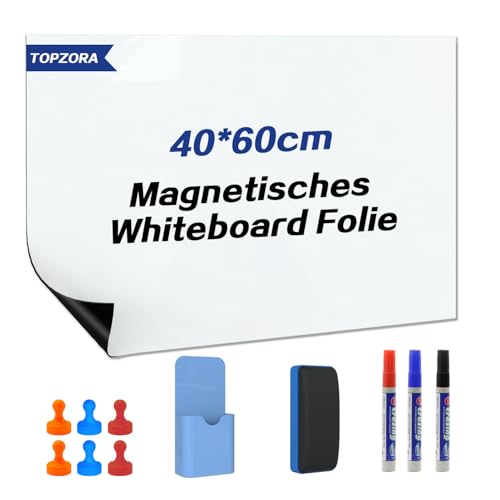 Topzora Lavagna magnetica, 40 x 60 cm, pellicola magnetica, autoadesiva, colore bianco, con 3 pennarelli, spugna e magneti per scuola, ufficio, casa