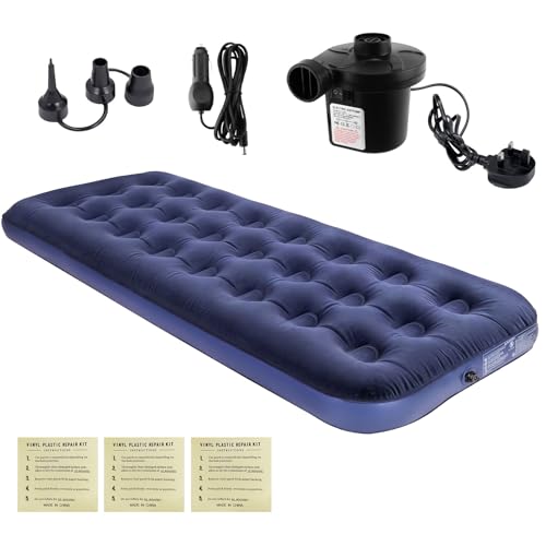 Homvvi Single Air Bed, Quick Inflatable Flocked Air Mattress – Lightweight Inflatable Mattress with AC Electric Air Pump, Thickened Comfortable Blow Up Mattress for Camping, Caravan, Guest Bed