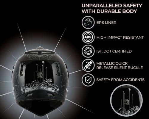 Vega Off Road Sketch ISI Certified Gloss Finish Full Face Dual Visor with Peak Helmet for Men and Women Outer Clear Visor and Inner Smoke Sun Visor(Black Silver, Size:M)