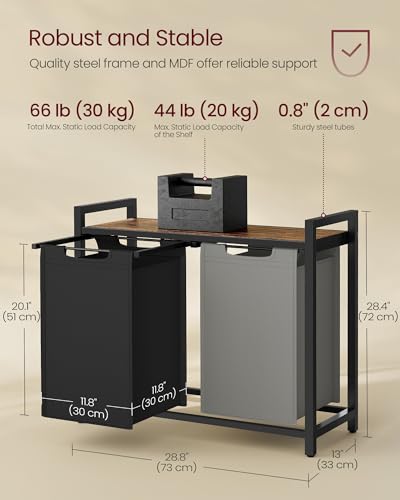 Image of VASAGLE Laundry Hamper, Laundry Basket, Laundry Sorter with 2 Pull-Out and Removable Bags, Shelf, Metal Frame, 2 x 12.1 Gallons (46 L), 28.8 x 13 x 28.4 Inches, Bicolor and Rustic Brown UBLH201X01