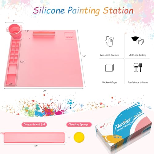 iArtker Silicone Painting Mat with Cup and Palette, 20"×16" Non-Slip Silicone Craft Art Mat with Stand and Lid for Painting, Resin, DIY, Pink