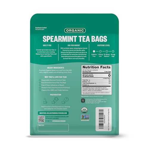 Image of FGO Organic Spearmint Leaf Herbal Tea, 40 Count, Eco-Conscious Tea Bags, Caffeine Free, (Pack of 1)