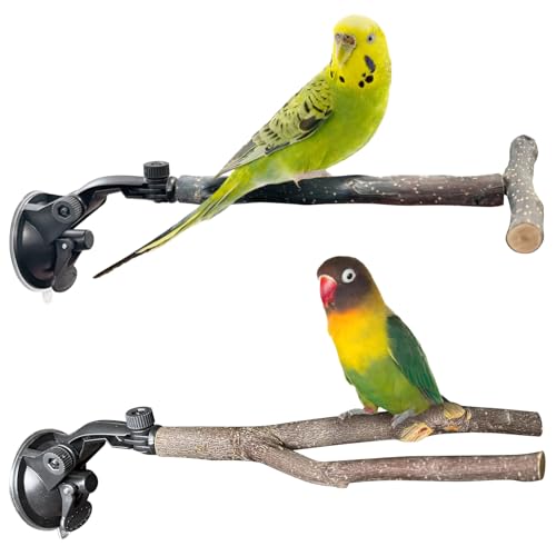 BNOSDM 2 Pcs Bird Perch Stand Parrot Wood Perch with Strong Suction Cup Movable Perches Stand Bird Training Set for Window Shower Bathroom Ceramic Tiles for Parrots Parakeets Conures Lovebirds