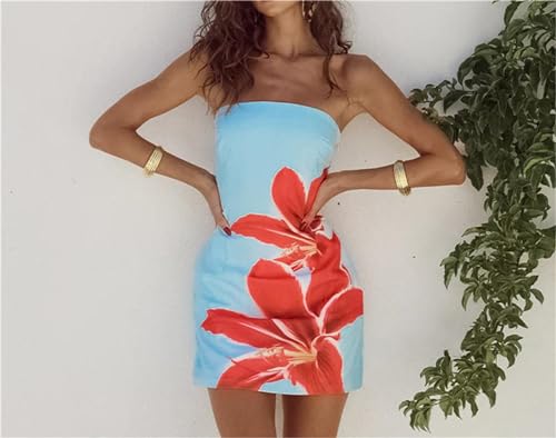 Women Sexy Strapless Floral Pattern Bodycon Tube Mini Dress Summer Skinny Sleeveless Backless Bandeau Tube Dress3