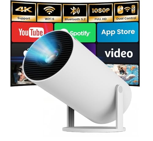 KUNEM Portable Projector 1080P, 200 ANSI, 10000 Lumens, Support 4K, WiFi 6 with 2.4/5GHz, Bluetooth 5.1, 180 Degree Flip Projectors, Android 11 Built-in System, Automatic Trapezoidal.
