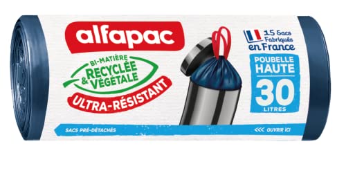 alfapac - 15 sacs-poubelle 30L poubelle haute à lien coulissant ultra-résistant - fabriqués en France - bi-matière recyclée & végétale