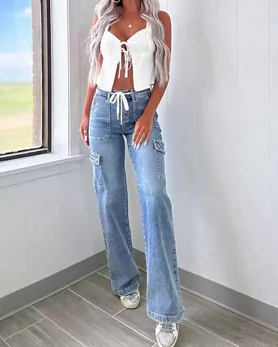Women's Straight Leg Cargo Jeans Drawstring Elastic Mid Rise Washed Distressed Flap Pocket Denim Pants3
