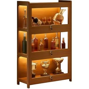 ファッション 酒棚 お酒収納ラック ウイスキー 棚 ワインバーキャビネット 多機能ワインラック 酒類貯蔵ロッカー 大容量 ライトと鍵付き 2/ 3/4段 自立式 竹 + MDF + アクリル 防塵 防湿 密閉 落下防止 耐荷重 取り付...