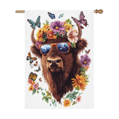 Wordatu Welcome Bison Flowers and butterflies Decorative Garden Flag, Home Yard Outdoor Decor, Spring Summer Seasonal Small Outside Decoration Double Sided 28x40 Inches (5347)