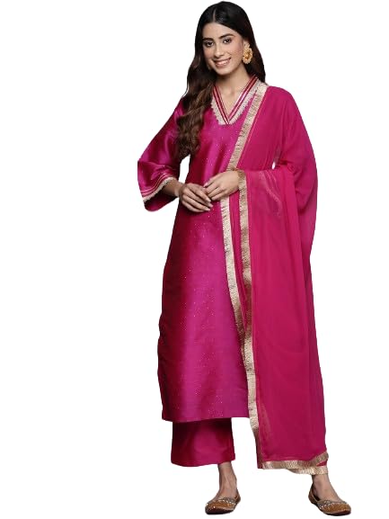 Varanga Women Fuchsia Zari Embroidered Kurta Paired With Bottom And Dupatta