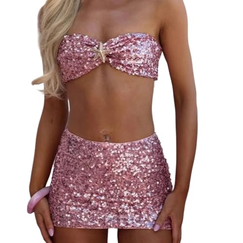 Conjunto de dos piezas para fiesta de club con camiseta corta brillante sin mangas