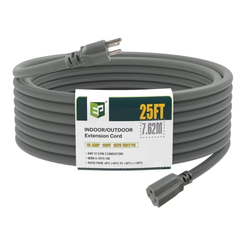EP 25 Ft Heavy Duty Outdoor Extension Cord 12/3 SJTW Grey 3-Prong