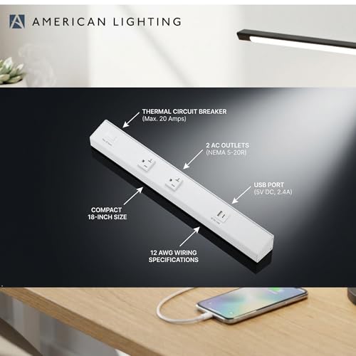 American Lighting Atom Power Strip 18 pulgadas 120V perfil bajo con 2 tomas resistentes a manipulaciones USB-A USB-C cableado fijo acabado blanco para uso interior miniatura 7