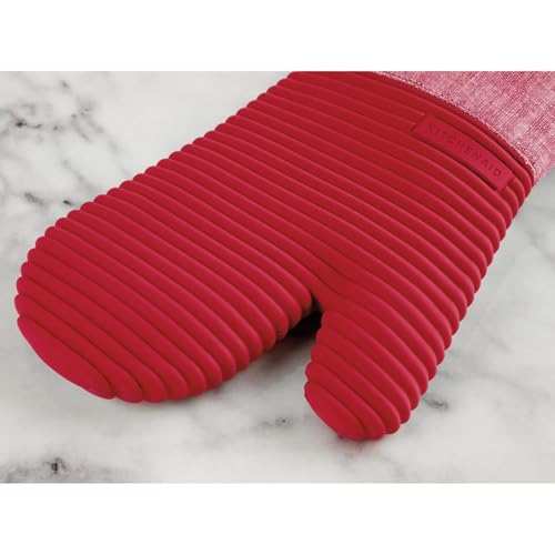 KitchenAid Chambray 4 Pack Pot Holder and Mini Oven Gloves Mitt Set Heat Resistent Non-Slip Silicone Grips 100% Cotton (RED) - Image 3