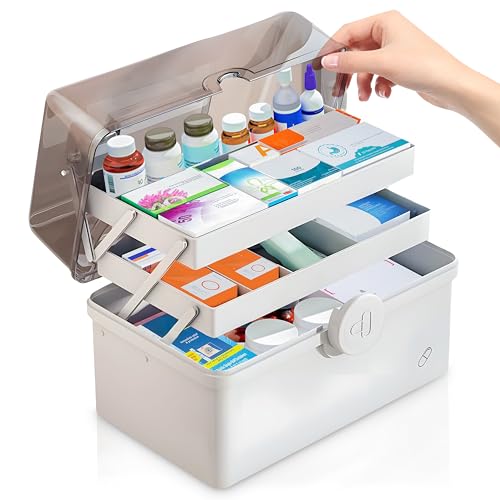 Yesay Caja de botiquín grande con asa de transporte – Caja multifuncional para medicamentos y botiquín de primeros auxilios para un almacenamiento seguro (34 x 21,5 x 19 cm)