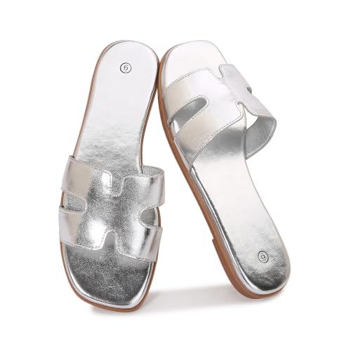 Shion ShaaYii Womens Slide Sandals Comfortable Flat Slip On Leather Sandals (Silver Adult Women 8.5 Numeric US Footwear Size System Wide)