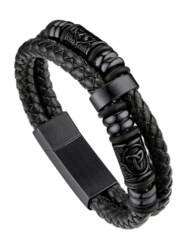 Bandmax Mens Leather Bracelet Viking Bracelets Wristbands For Grandfather Black Rope Beaded Bracelet Men Celtic Knot Jewellery 21cm