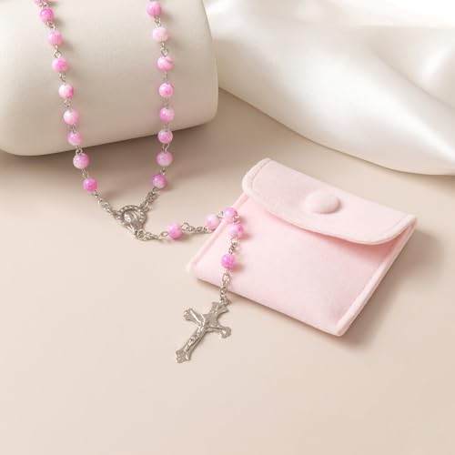 Rosary Beads Catholic for Women - Confirmation Gifts for Teenage Girl, Plum Blossom Bead Artificial Pearl Rosary Beads with Pink Velvet Pouch4