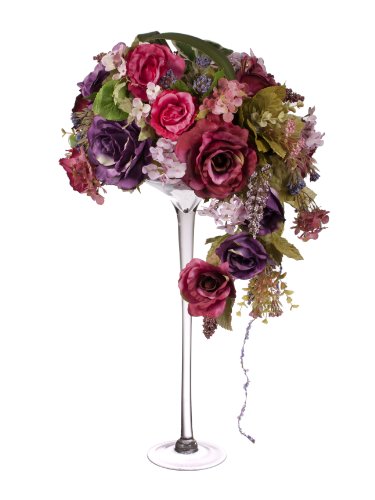 Closer2Nature D027PRDG - Arreglo Floral Artificial con Vaso de Cristal en Forma de Copa de Martini, 65 cm, diseño de Rosas, Color Rojo y Morado