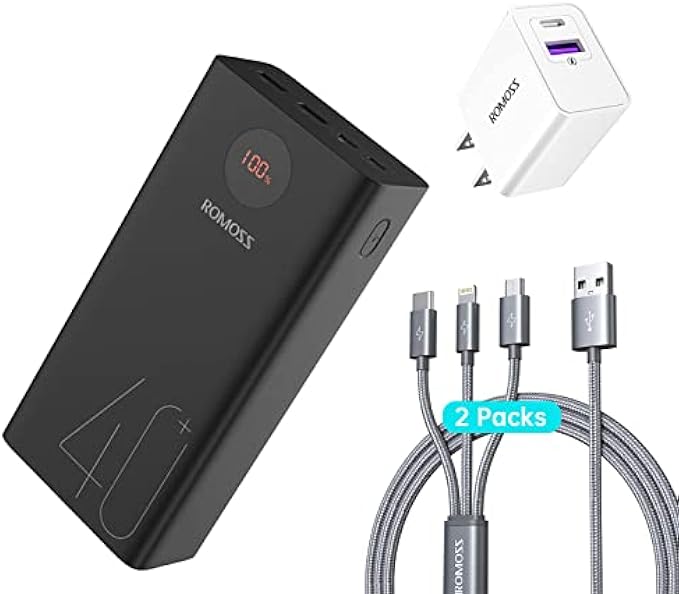 ROMOSS 18W 40000mAh Power Bank PEA40 Zeus + + 5FT 2Pack Universal 3 in 1 Fast Charging Cable + 30W 2 Ports USB Wall Charger