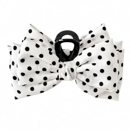 Image of Young & Forever Polka Dot Bow Hair Claw Clip for Women & Girls - Large Korean Style Fabric Bow Hair Clips for Thick Hair, Elegant French Design Hair Accessories for Party, Casual & Office Wear - White & Black