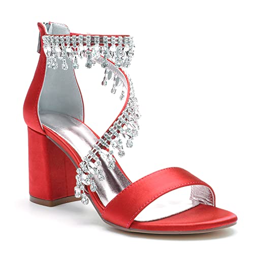 Hyinlays Women's Chunky Block Heels Crystal High Heel Pump Sandals Ankle Strap Wedding Shoes Prom Evening Pumps