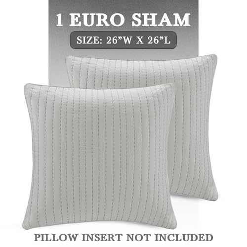 Image of INK+IVY 100% Cotton Single Euro Sham - European Square Decorative Pillow Cover, Hidden Zipper Closure (Pillow Insert NOT Included), Camila, Quilted Grey 26 inchx26 inch