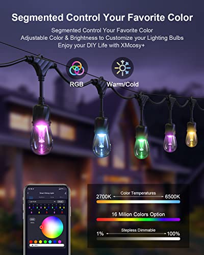 Xmcosy+ Patio Lights, 49Ft Smart Outdoor String Lights Rgbw, 15 Led Bulbs, App & Wifi Control, Compatible With Alexa, Ip65 Waterproof String Lights For Outside, Color Changing Outdoor Patio Lights #TOP4