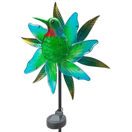 Hummingbird Wind Spinner Garden Decor, Metal Wind Spinner Lights Outdoor Solar Garden Decor, Lighted Pathway Yard Spinner Wind Sculpture, Solar Powered Path Lights Kinetic Wind Catcher for Outside