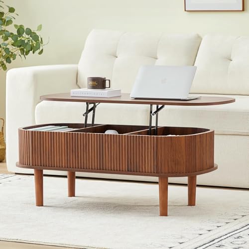 CKIKH Fluted Lift Top Coffee Table with Hidden Compartment, Fully Assembled Wooden Center Table, Modern Oval Lift Tabletop for Home Living Room Office (Walnut)