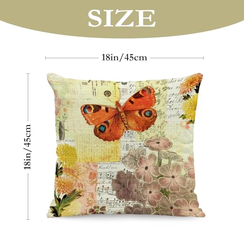 BREASOME Poszewki na poduszki 45 x 45 cm, zestaw 4 poszewek na poduszki w kwiaty i motyle, lniane, dekoracyjne, kwadratowe, na sofę, kanapę, do sypialni, salonu