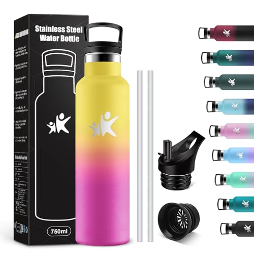 KollyKolla Botella Agua Acero Inoxidable 750ml, Cantimplora Termo con Doble Aislamiento, Botella Termica con Pajita, sin BPA, Termo Reutilizable para Oficina, Camping, Niños, Fitness, Niños, Yoga