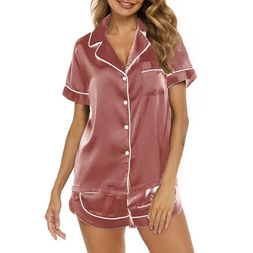 Satin Pajama Set For Women Trendy Basic Silk Lapel Button Matching Short Sets Fashion Dressy Casual Night Suits haul amazon store Pink XL