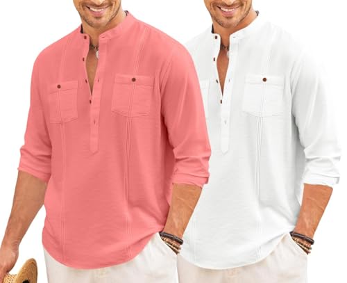 Image of Macsivo Combo of Men's Regular Fit Cotton Blend Solid Casual Short Kurta with Mandarin Collar and Pockets Kurta Pack of 2