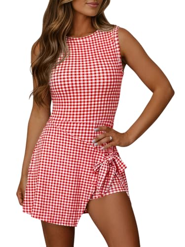 Image of Wenrine Womens Summer Backless Mini Dress Gingham Wrap Tie Waist Romper Skort Built in Shorts Vacation Tank Sundress Red