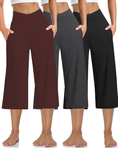 Image of Kivdol 3 Pack Womens Wide Leg Yoga Capris Crossover High Waist Casual Capri Pants Loose Soft Pajama Pockets Sweatpants