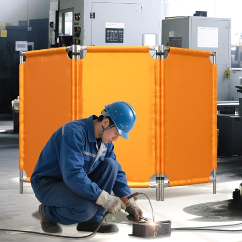 Welding Screens with Frame, Portable Welding Protection Curtains, Foldable Flame Fire Retardant Barriers, High Visibility Yellow Block Fence for Workshop Industrial Contract Sites (3 Pieces)