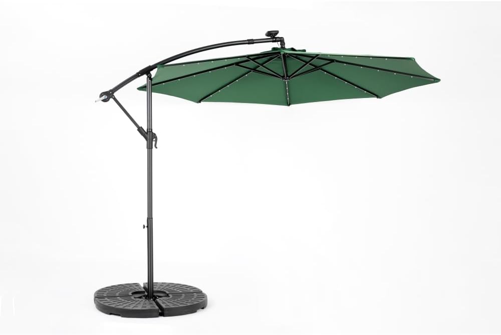 Elountik 10ft Solar Powered LED Offset Hanging Market Patio Umbrella， Dark Green Color， No Base Included for Outdoor Dining and Shade