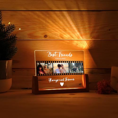 Image of Friendship Day Custom Photo Collage LED Lamp, Personalised Acrylic Night Light for Best Friends, Warm White, Wooden Base, Touch Control, Modern Style (Bestie 2)
