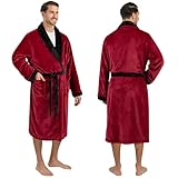 PAVILIA Mens Soft Robe Bathrobe for Men, Lightweight Fleece Male Robe Long Bath Shower Spa with Shawl Collar and Pockets (Red Black, S/M)