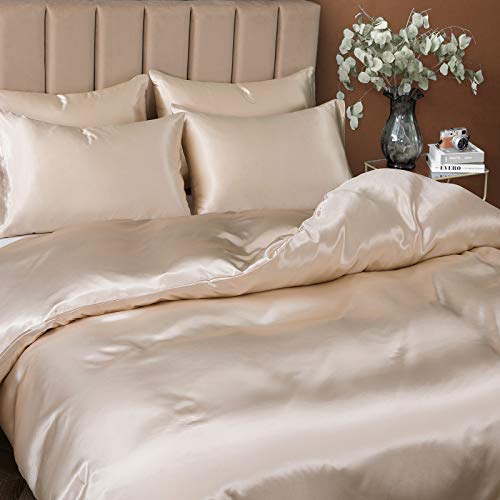 P Pothuiny 5 Pieces Satin Duvet Cover California King Size, Luxury Silky Like Taupe Duvet Cover Bedding Set with Zipper Closure, 1 Duvet Cover + 4 Pillow Cases (No Comforter)