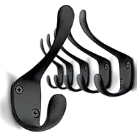 5 Pack Decorative Cast Iron Heavy Duty Double Hooks, Wall Mounted Coat Hooks, Vintage Inspired (Antique Black)