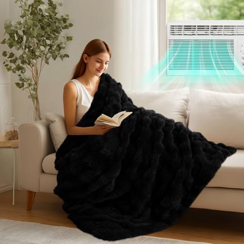 Faux Fur Black Throw Blanket for Couch - Super Soft Heavy Flufyy Thick Bubble Throw Blankets for Bed Bedroom Living Room Farmhouse Sofa Chair Fall Winter Warm, 50x60 Inch - Image 3