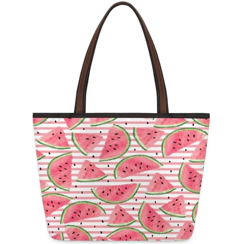 Watercolor Striped Watermelon Tote Bag Multi Pocket Zippered Beach Bag Lightweight Waterproof Handbag for Women Men Work Gym Travel Swimming Yoga Grocery Shopping M