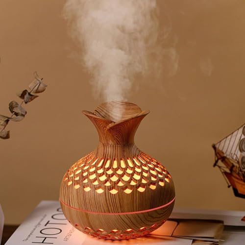 Image of Wood Grain Cool Mist Humidifier 300 ml with 7 Color LED Light, USB Powered Mini Aroma Diffuser, Auto Shut-Off Air Moisture Mist Maker for Bedroom, Office, Desk, Car & Home Decor