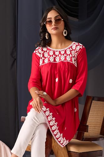 Image of Sidhidata Rayon Floral Embroidered Short Kurti | Short Anarkali Kurti for Girls | Women's Casual Sleeveless Printed Top | Tops for Women (Kurti Myra)